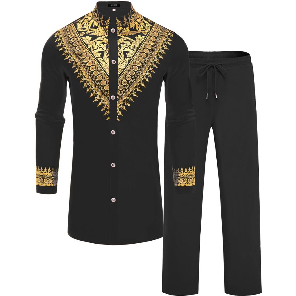 ZSJR Men's African Dashiki Traditional Suit - Black - Size Large